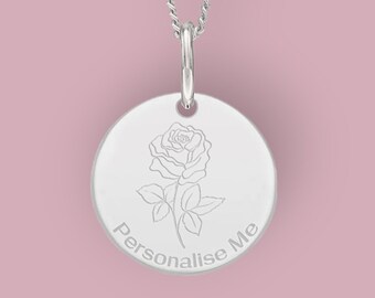 Personalised Rose Necklace in Sterling Silver, Nature Inspired Flower Necklace, June Birth Flower, Botanical, Hand Drawn Flower