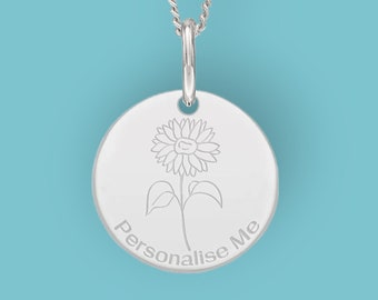 Personalised Sunflower Necklace in Sterling Silver, Nature Inspired Flower Necklace, Botanical, Hand Drawn Flower, You are my Sunshine