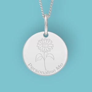 Personalised Sunflower Necklace in Sterling Silver, Nature Inspired Flower Necklace, Botanical, Hand Drawn Flower, You are my Sunshine