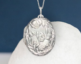 Personalised Rose Bush Locket in Sterling Silver, Two Photo Locket, Engraved Locket, Keepsake Memorial Jewellery Necklace