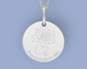 Personalised Lotus Necklace in Sterling Silver, Nature Inspired Flower Necklace, July Birth Flower, Botanical, Hand Drawn Flower