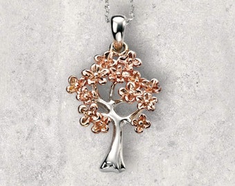 18ct Rose Gold Plated Cherry Blossom Tree of Life Necklace with Optional Personalisation