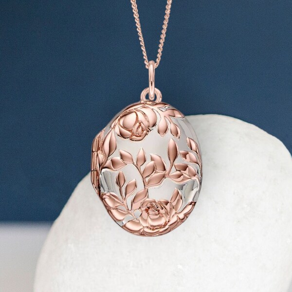 Personalised Rose Bush Locket in 18ct Rose Gold Plated Sterling Silver, Two Photo Locket, Engraved, Keepsake Memorial Jewellery Necklace