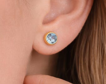 Gold Plated Sterling Silver March Aquamarine Birthstone Stud Earrings – 7mm