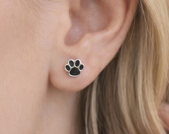 Sterling Silver Black Paw Print Stud Earrings – 5mm