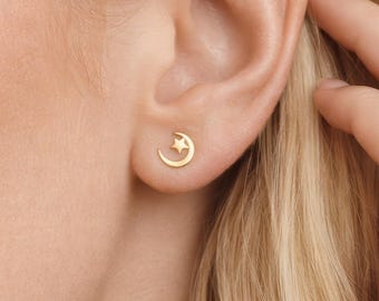 Gold Plated Sterling Silver Moon and Star Stud Earrings – 6mm