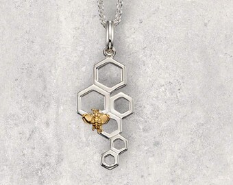 Honeycomb Necklace in Sterling Silver, 18ct Gold Plated Bee, Silver Honeycomb, Nature Inspired, Cute Fun and Quirky Worker Bee Jewellery