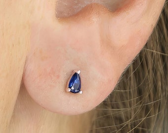 Mini Sterling Silver Teardrop Sapphire Cz Stud Earrings