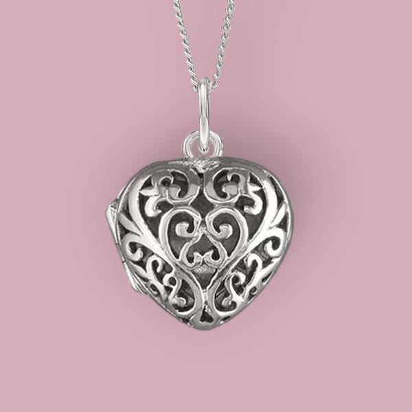 Personalised Filigree Heart Locket in Sterling Silver, Two Photo Locket, Engraved Silver Locket, Keepsake Memorial Jewellery Necklace