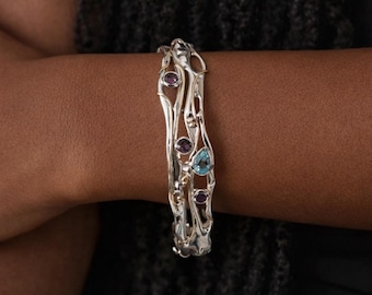 Molten Sterling Silver Amethyst, Sky Blue Topaz and Iolite Hinged Bangle Bracelet
