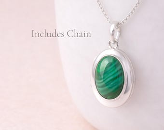 Personalised Sterling Silver Malachite Gemstone Photo Locket Necklace