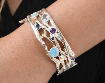 Molten Sterling Silver Opal Amethyst Blue Topaz Bangle Bracelet