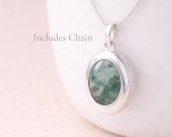 Personalised Sterling Silver Moss Agate Gemstone Photo Locket Necklace