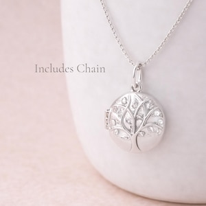 Collana con ciondolo portafoto personalizzato in argento sterling con albero della vita scintillante