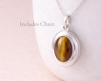 Personalised Sterling Silver Gold Tigers Eye Gemstone Photo Locket Necklace