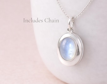 Personalised Sterling Silver Rainbow Moonstone Gemstone Photo Locket Necklace