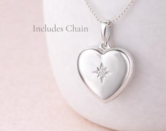 Personalised Sterling Silver North Star Heart Photo Locket Necklace
