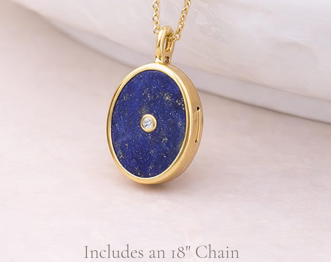 Featured listing image: Personalised Gold Plated Sterling Silver Oval Lapis Photo Locket Necklace