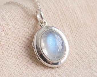Personalised Rainbow Moonstone Photo Locket Necklace in Sterling Silver