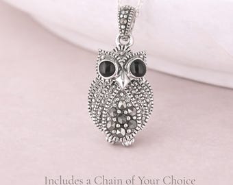 Personalised Sterling Silver Marcasite Owl Pendant Necklace