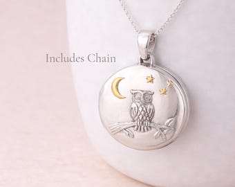 Personalised Sterling Silver and Gold Night Owl Photo Locket Necklace