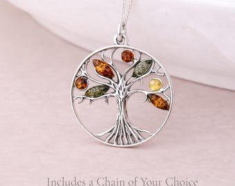 Personalised Oxidised Sterling Silver Baltic Amber Tree Of Life Pendant Necklace