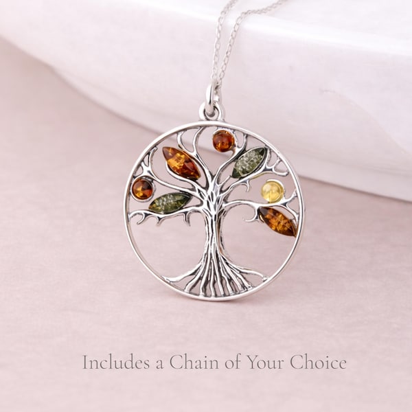 Personalised Oxidised Sterling Silver Baltic Amber Tree Of Life Pendant Necklace
