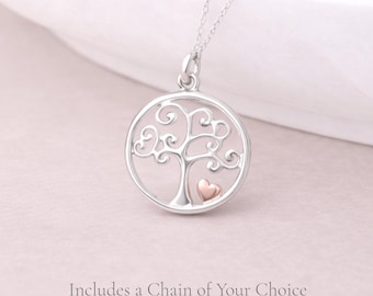 Personalised Sterling Silver And Rose Gold Tree Of Life Heart Pendant Necklace