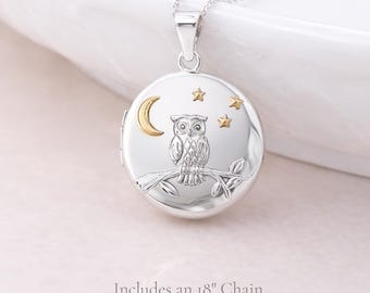 Personalised Sterling Silver and Gold Night Owl Photo Locket Necklace