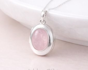 Personalised Sterling Silver Rose Quartz Gemstone Photo Locket Necklace