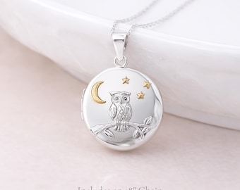 Personalised Sterling Silver and Gold Night Owl Photo Locket Necklace