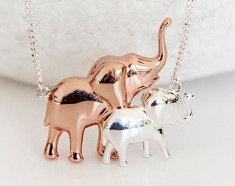 Mother and Baby Elephant Necklace in Sterling Silver, Animal Pendant, Baby Elephant Jewellery, Elephant Mother and Calf