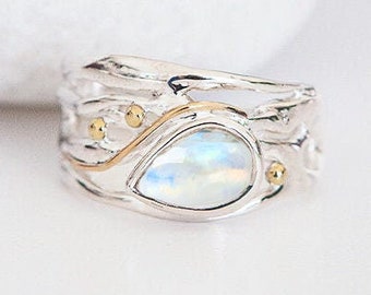 Sterling Silver Organic Rainbow Moonstone Ring with Personalised Watercolour Card