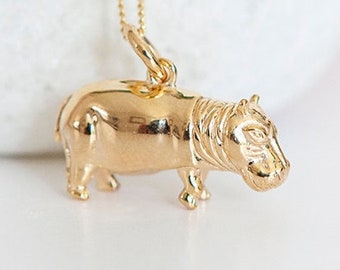 Baby Hippo Necklace in 18ct Gold Plated Sterling Silver, Cute Fun and Quirky Hippopotamus Jewellery, Gold Hippo, Nature Inspired