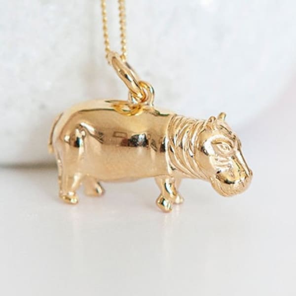 Baby Hippo Necklace in 18ct Gold Plated Sterling Silver, Cute Fun and Quirky Hippopotamus Jewellery, Gold Hippo, Nature Inspired