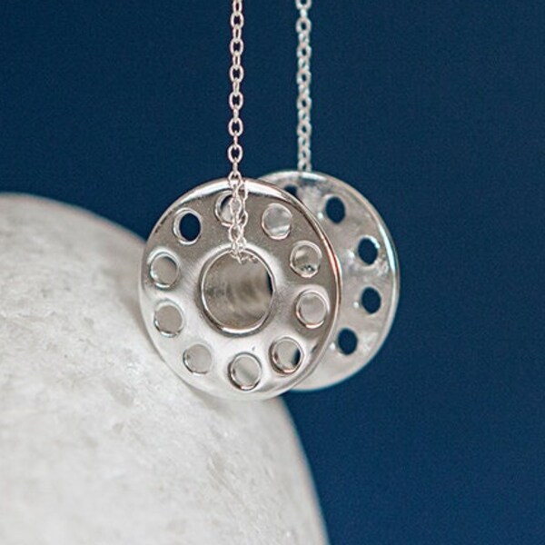 Bobbin Necklace in Sterling Silver, Cute Fun and Quirky Sewing Jewellery, Silver Bobbin Necklace, Sewing Bobbin Pendant