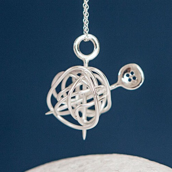 Sterling Silver Wool Ball Knitting Needle and Button Necklace with Optional Personalisation