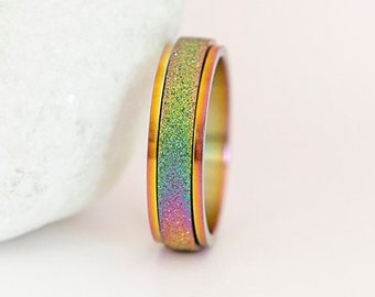 Personalised Stainless Steel Sandblasted Rainbow Pride Slim Spinner Ring