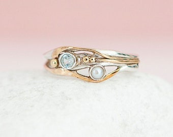 Blue Topaz & Pearl Ring • Molten Sterling Silver Organic Ring • Unique 14kt Gold Ring • Handmade Birthstone Gift •