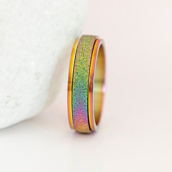 Personalised Stainless Steel Sandblasted Rainbow Pride Slim Spinner Ring
