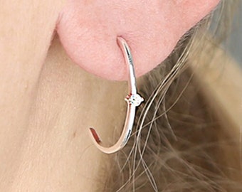 Nano CZ Half Hoop Stud Earrings in Sterling Silver, Tiny Crystal Open Hoop Earrings, 19mm Half Hoops