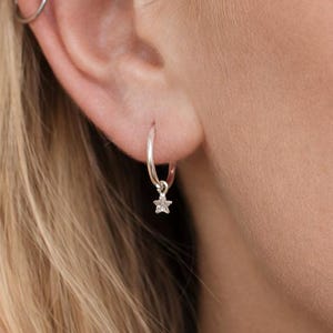 Sterling Silver Star Charm Huggie Sleeper Hoop Earrings – 10mm