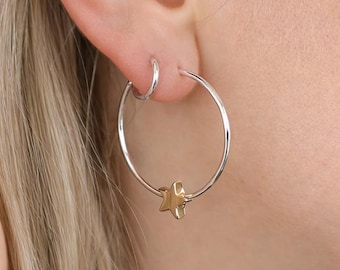 Large Silver Plated Organic Golden Star Hoop Earrings – 25mm