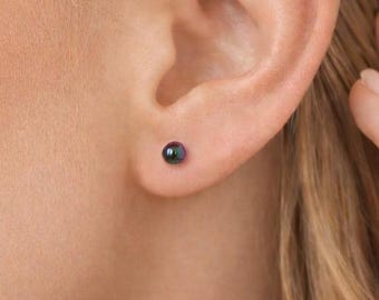 Sterling Silver Black Peacock Freshwater Pearl Micro Stud Earrings – 3mm