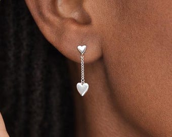 Sterling Silver Double Heart Stud Drop Earrings – 6mm