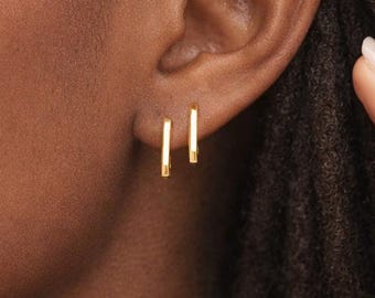 Gold Plated Sterling Silver Rectangle Huggie Hoop Earrings – 13mm X 9mm