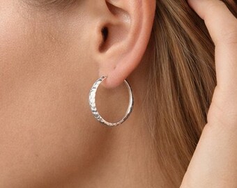 Large Sterling Silver Hammered Hoop Earrings – 27mm
