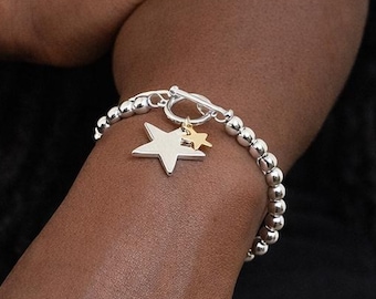 Silver And Gold Plated Double Star Charm T-Bar Bracelet