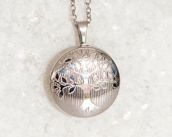 Personalised Round Tree of Life Locket in Sterling Silver, Two Photo Locket, Engraved Silver Locket, Keepsake Memorial Jewellery Necklace