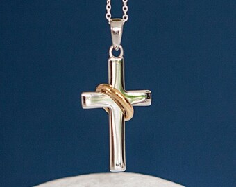 Platinum Sterling Silver Pave Blue & White Sapphire Cross Halo Necklace Gift 